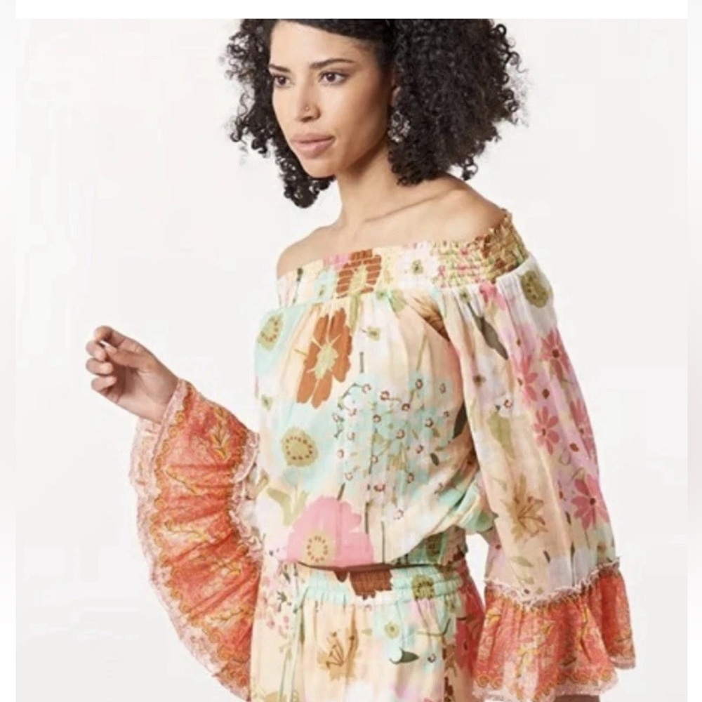 Aratta Silent Journey Floral Off Shoulder Cotton Blouse Small Ruffle Sleeves